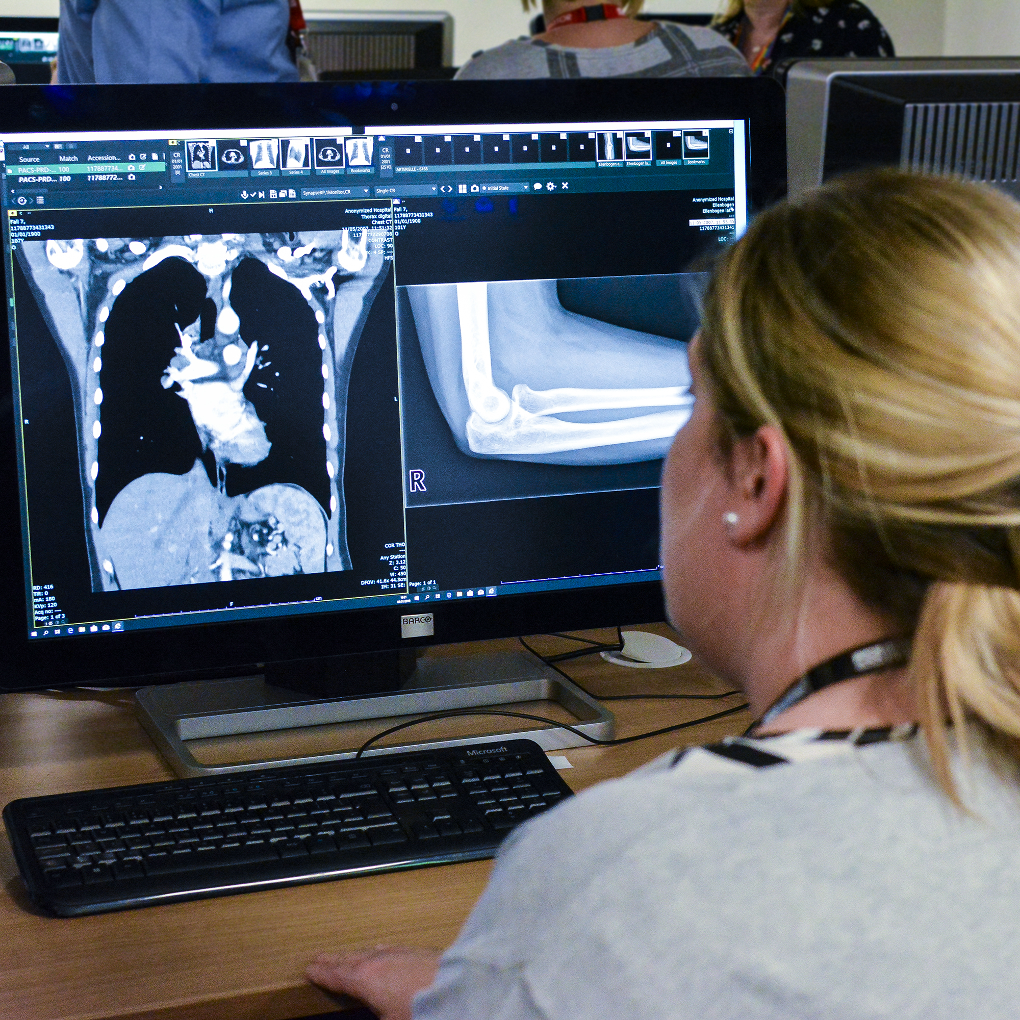 A student looking at an x-ray in our image reporting suite