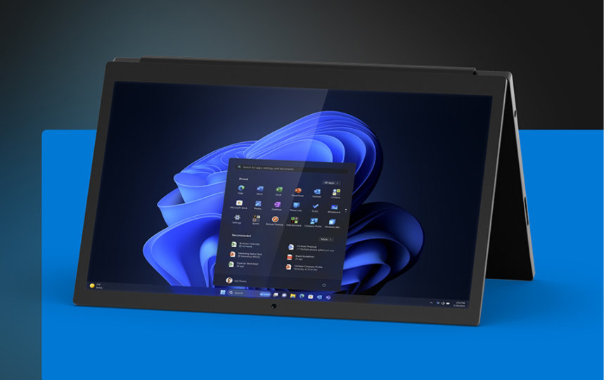 Folded over device displaying Windows 11 desktop.