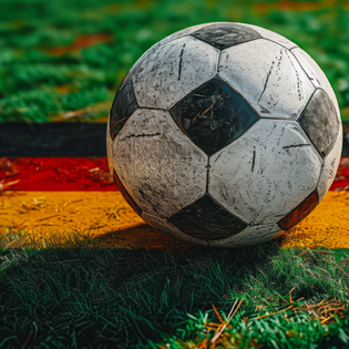 Soccer ball on field atop grass painted like German flag for UEFA EURO 2024