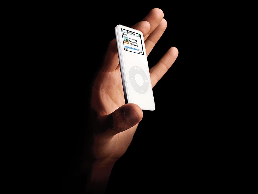 The iPod nano, introduced by Apple CEO Steve Jobs in San Francisco, May 2007. A revolutionary full-featured iPod that holds 1,000 songs and is thinner than a standard #2 pencil. MP3 player, music player, digital music