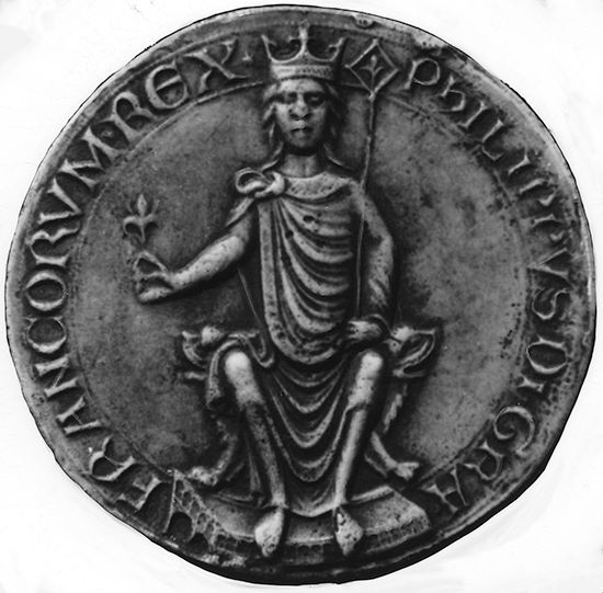 Philip II, seal of majesty, showing the king crowned and enthroned, from a document of 1180