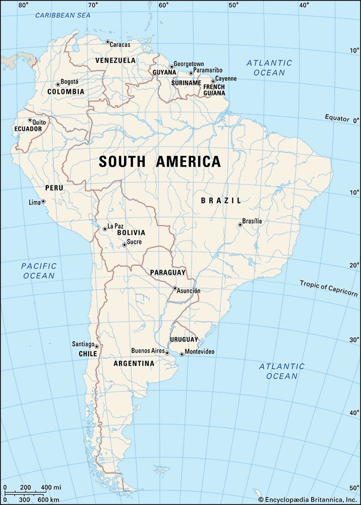 Map showing the countries of South America with national capitals and surrounding bodies of water, including the Atlantic and Pacific.