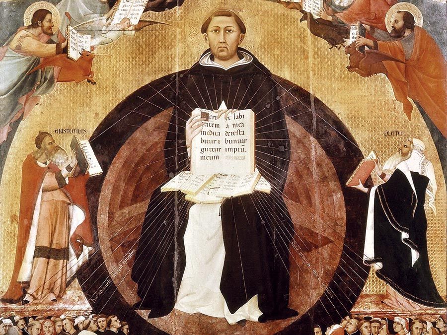 Saint Thomas Aquinas. Apotheosis of St. Thomas Aquinas, altarpiece by Francesco Traini, 1363; in Santa Caterina, Pisa, Italy. St. Thomas Aquinas (c1225-1274) Italian philosopher and theologian. Dominican order of monks (black friars).