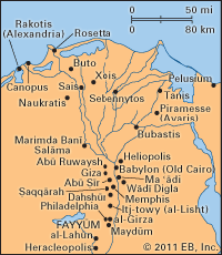 historical map of sites in the Nile delta region