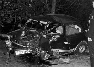 Bolan's wrecked Mini 1275 GT on Barnes Common (I