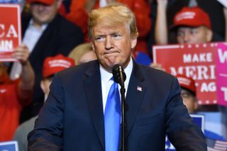 President Donald Trump seen herein Aug. 2018 at a campaign rally at the Mohegan Sun Arena