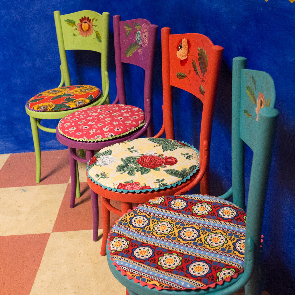 Four hand painted flowers on Mexican inspired cafe chairs - Antares  Furnishings