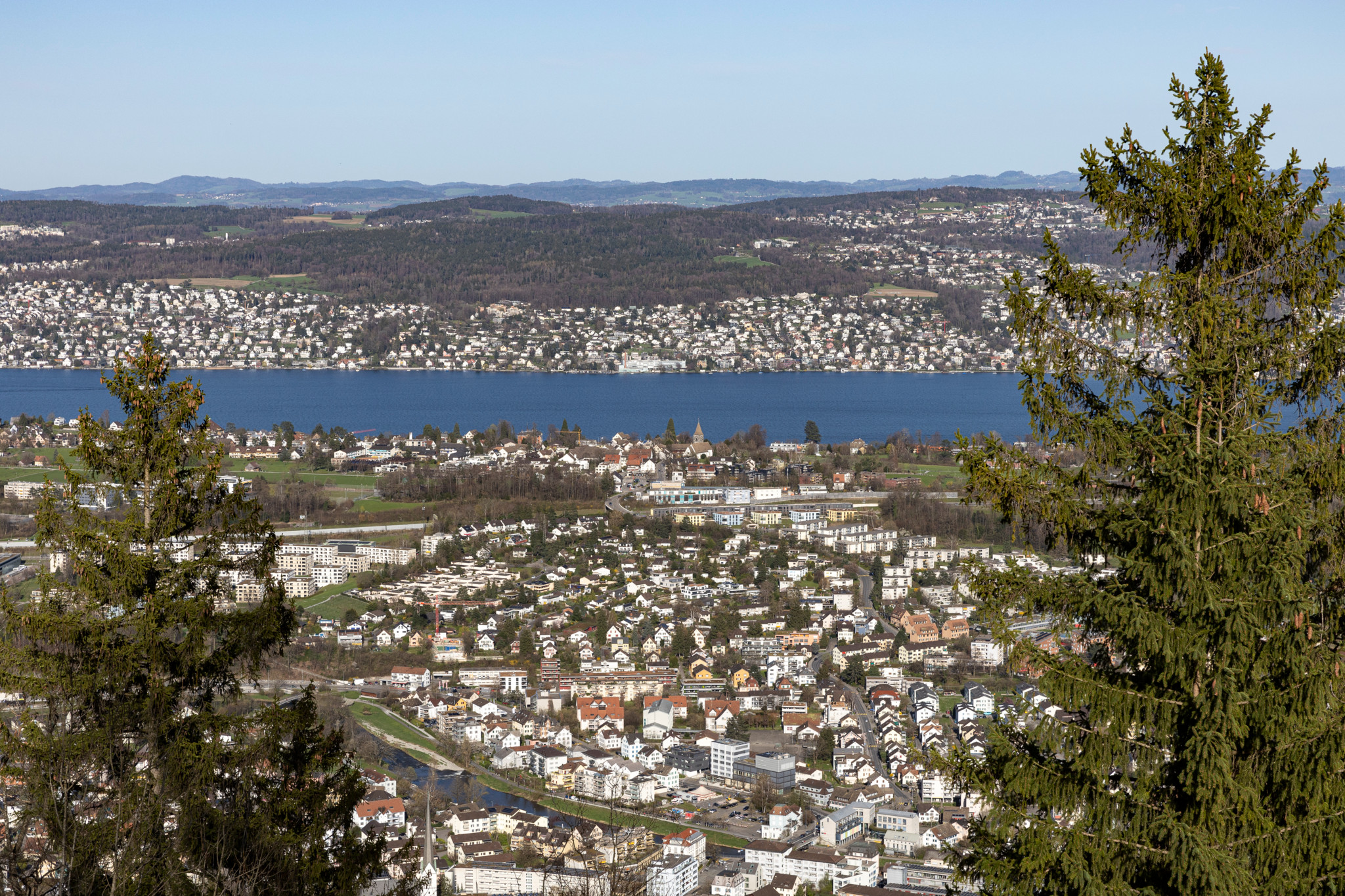 Aussicht von der Felsenegg auf den Zürichsee mit Adliswil und Kilchberg, 26. März 2024. Foto: Moritz Hager/Tamedia AG