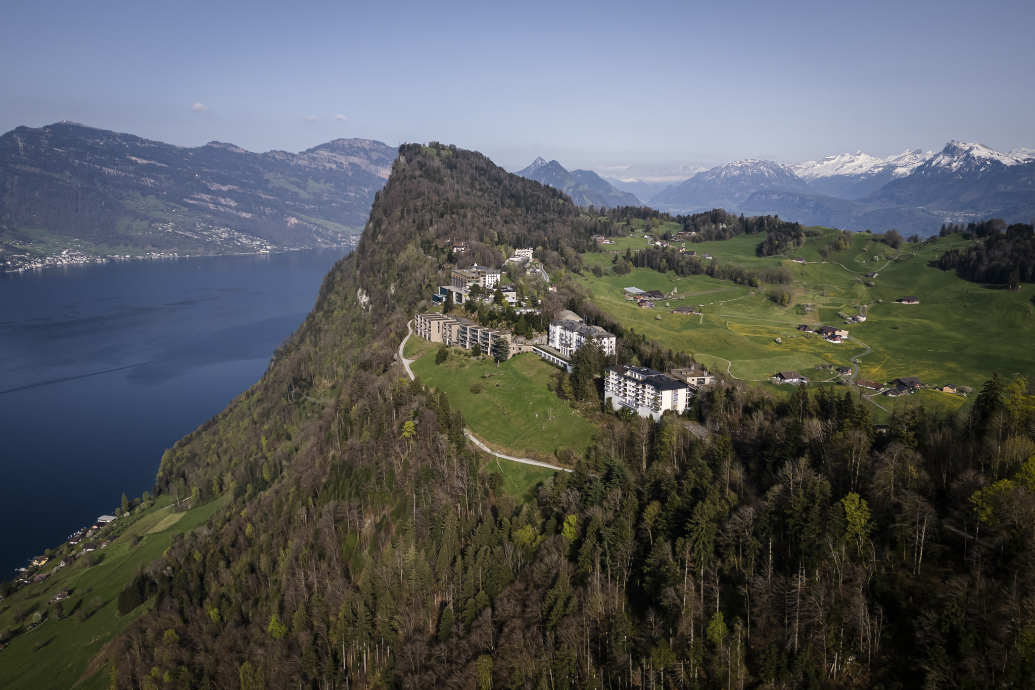 The mount Buergenstock with the Buergenstock Resort is seen above Lake Lucerne on Thursday, April 11, 2024 in Obbuergen, central Switzerland. Switzerland's Buergenstock resort is to host a two-day peace conference in June, the Swiss government announced. (KEYSTONE/Michael Buholzer)