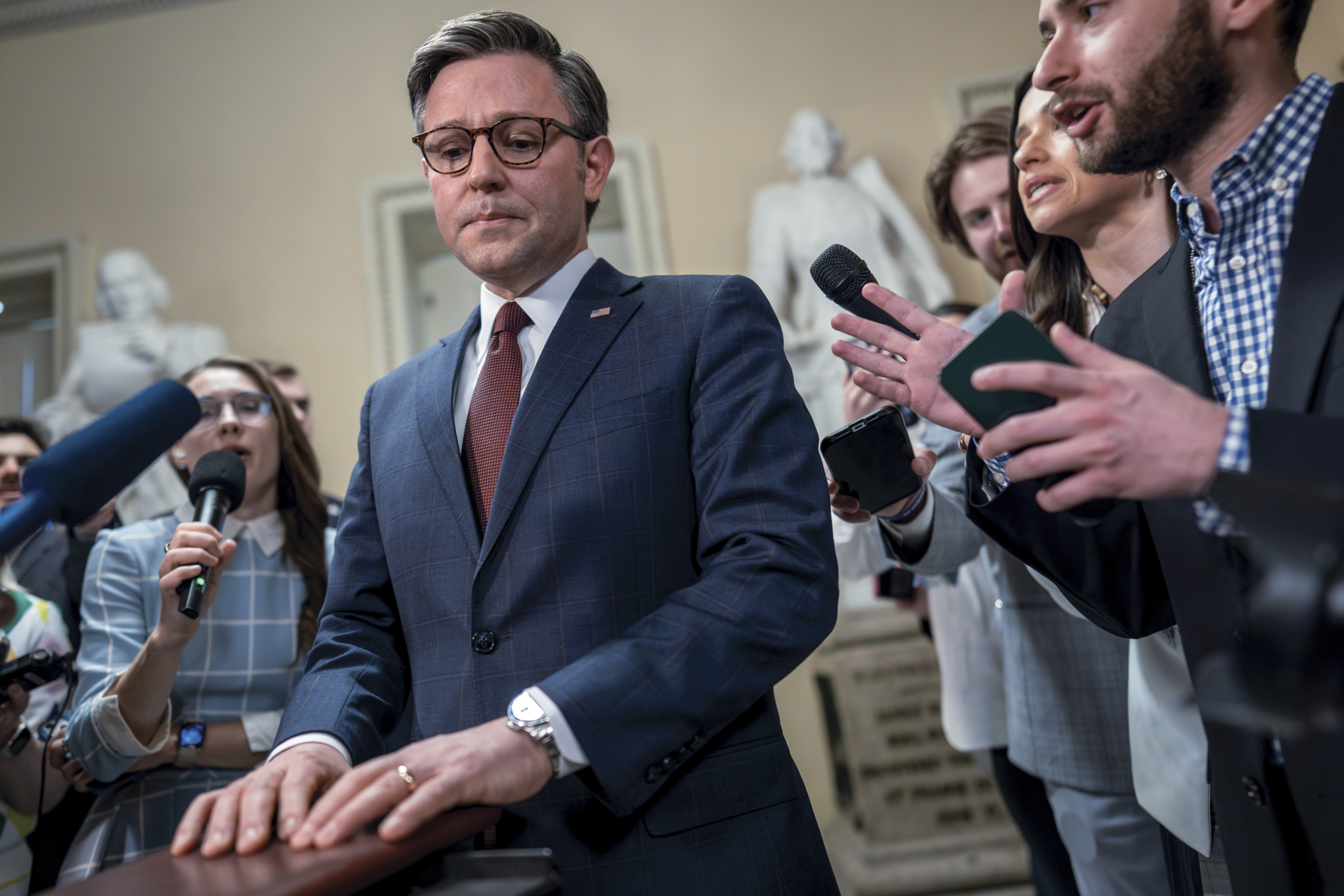 Speaker of the House Mike Johnson, R-La., talks to reporters just after the House voted to approve $95 billion in foreign aid for Ukraine, Israel and other U.S. allies, at the Capitol in Washington, Saturday, April 20, 2024. (AP Photo/J. Scott Applewhite)
Mike Johnson