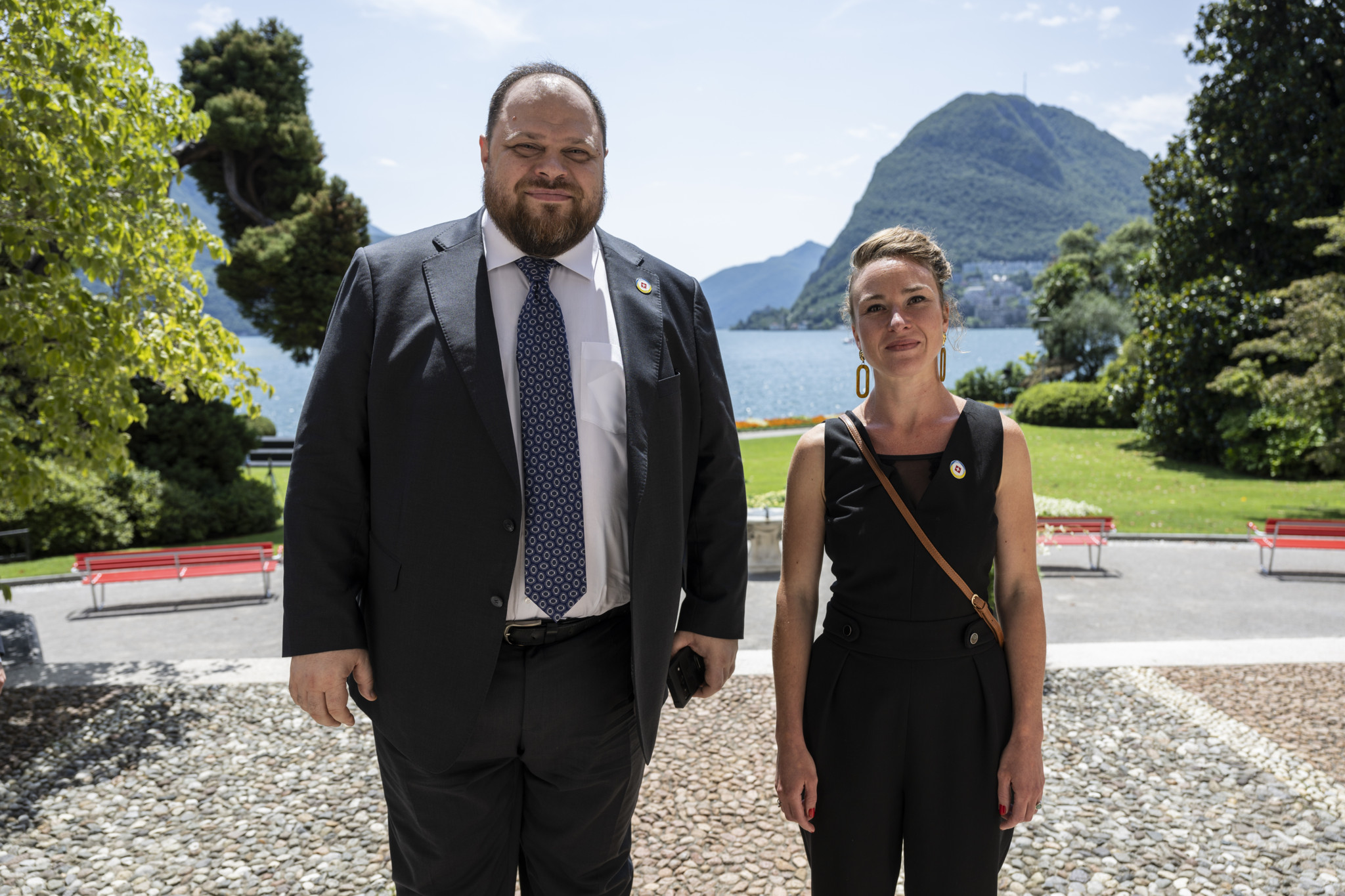 Ukrainian Speaker of the Verkhovna Rada, Ruslan Stefanchuk, left, and his Swiss counterpart, President of the National Council, Irene Kaelin, stand for a photo during the Ukraine Recovery Conference URC, Monday, July 4, 2022 in Lugano, Switzerland. The URC is organised to initiate the political process for the recovery of Ukraine after the attack of Russia to its territory. (KEYSTONE/EDA/Alessandro della Valle)