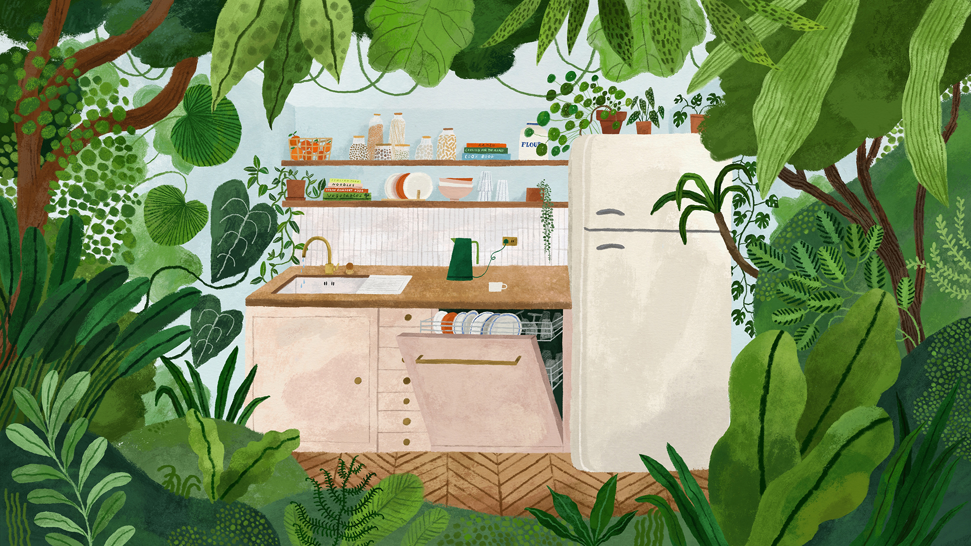 An illustrated kitchen scene with a sink, open dish washer, and refrigerator seen through a frame of lush greenery.