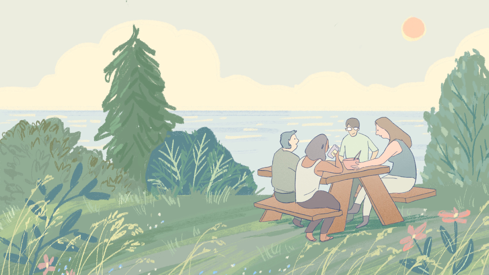 A drawing of friends sitting at a picnic table in a green clearing next to the ocean, sharing a delicious vegan meal.