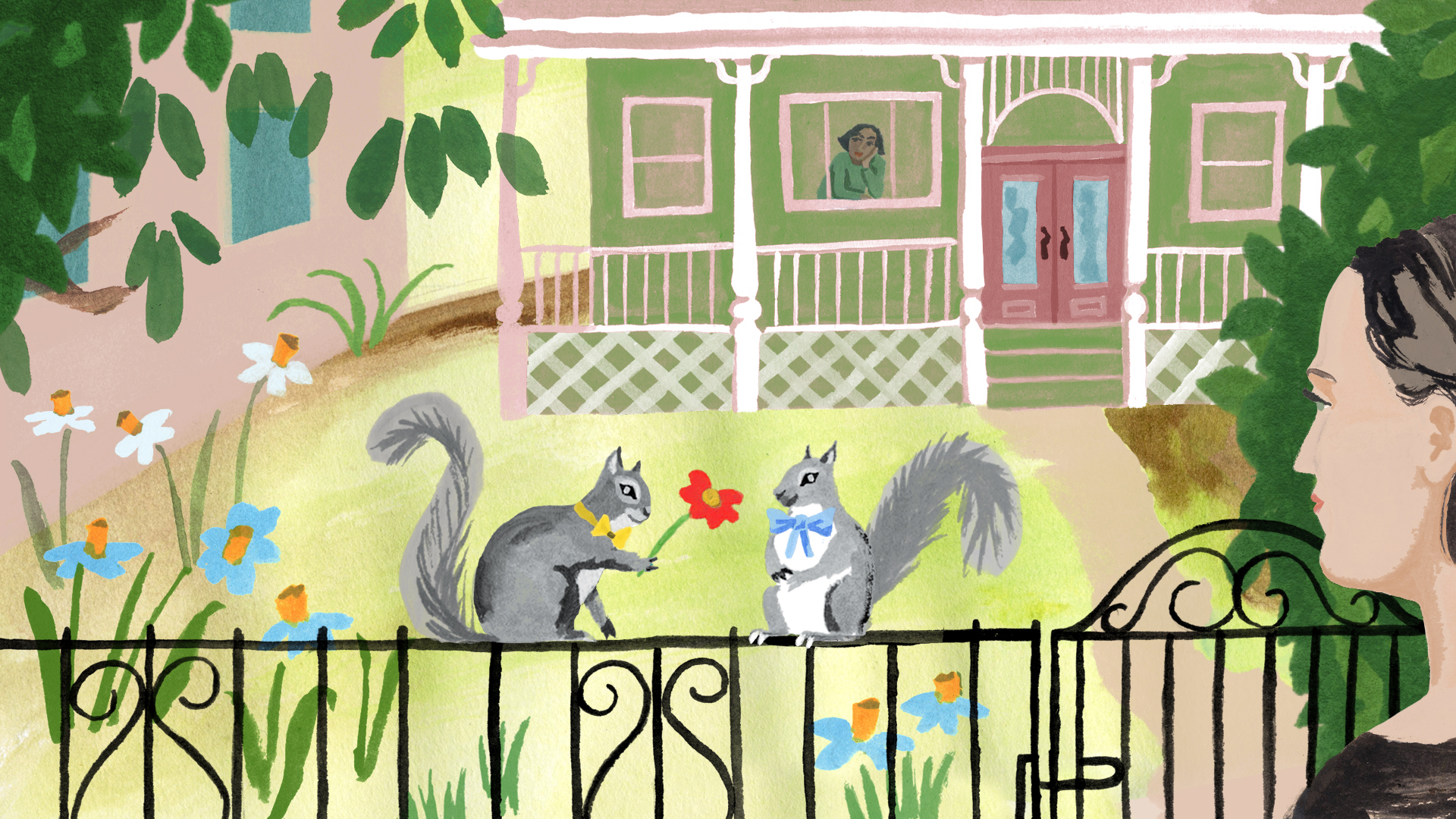 An illustration shows a colorful Victorian-style house with flourishing greenery and flowers in the front. Two squirrels in bow ties are perched on the front fence, and one is offering a flower to the other. A woman strolling by has stopped to look at them.