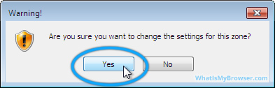 The dialog confirming you want to change your settings for this Security Zone