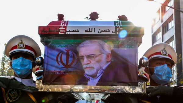 Members of Iranian forces carry the coffin of Iranian nuclear scientist Mohsen Fakhrizadeh during a funeral ceremony in Tehran, Iran November 30, 2020 - Sputnik International