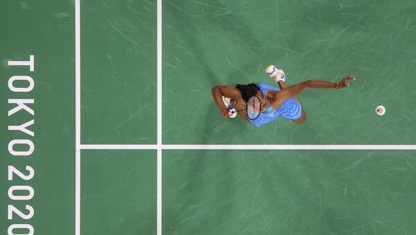 Tokyo 2020 Olympics - Badminton - Women's Singles - Bronze medal match - MFS - Musashino Forest Sport Plaza, Tokyo, Japan – August 1, 2021.  P.V. Sindhu of India in action during the match against He Bingjiao of China. - Sputnik International