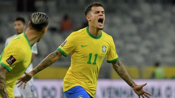 Soccer Football - World Cup - South American Qualifiers - Brazil v Paraguay - Mineirao, Belo Horizonte, Brazil - February 1, 2022 Brazil's Philippe Coutinho celebrates scoring their second goal  - Sputnik International