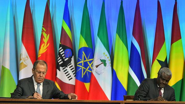 Russian Foreign Minister Sergey Lavrov and Chairman of the African Union Commission Moussa Faki Mahamat (second from right) at the signing ceremony of the Memorandum between the Russian Federation and the African Union on the foundations of relations and cooperation during the Russia-Africa Summit in 2019.  - Sputnik International