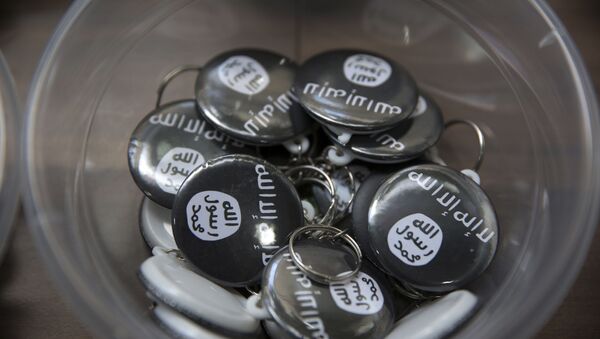 Daesh pins are on display at an Islamic bookstore where books about Islam, militant Islamic leaders and Islamic flags are displayed in the Fatih district of Istanbul. file photo - Sputnik International