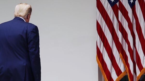 Президент США Дональд Трамп после окончания брифинга в Розовом саду Белого дома