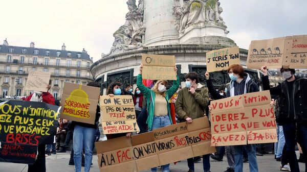 Участники акции протеста против законопроекта О глобальной безопасности на площади Республики в Париже