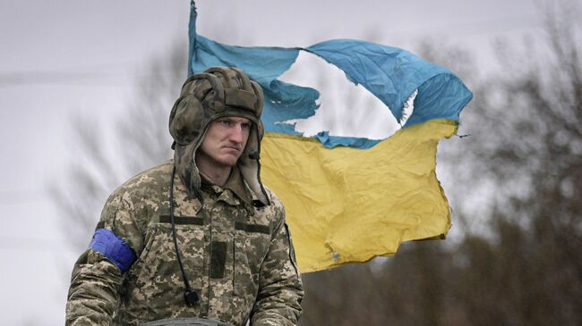 Украинский военнослужащий с порванным флагом. Архивное фото