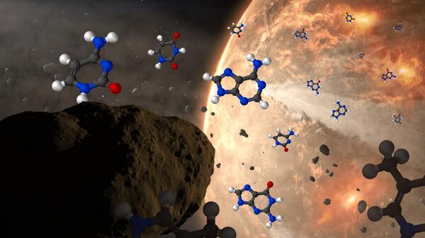 Художественное представление метеоритов, доставляющих на Землю азотистых оснований — структурных блоков ДНК и РНК