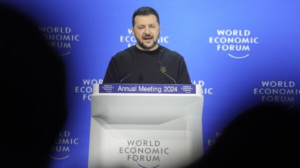 Президент Украины Владимир Зеленский во время выступления на Всемирном экономическом форуме в Давосе