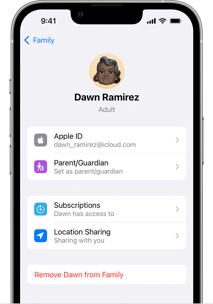 iPhone showing screen where a family member can be removed from the family