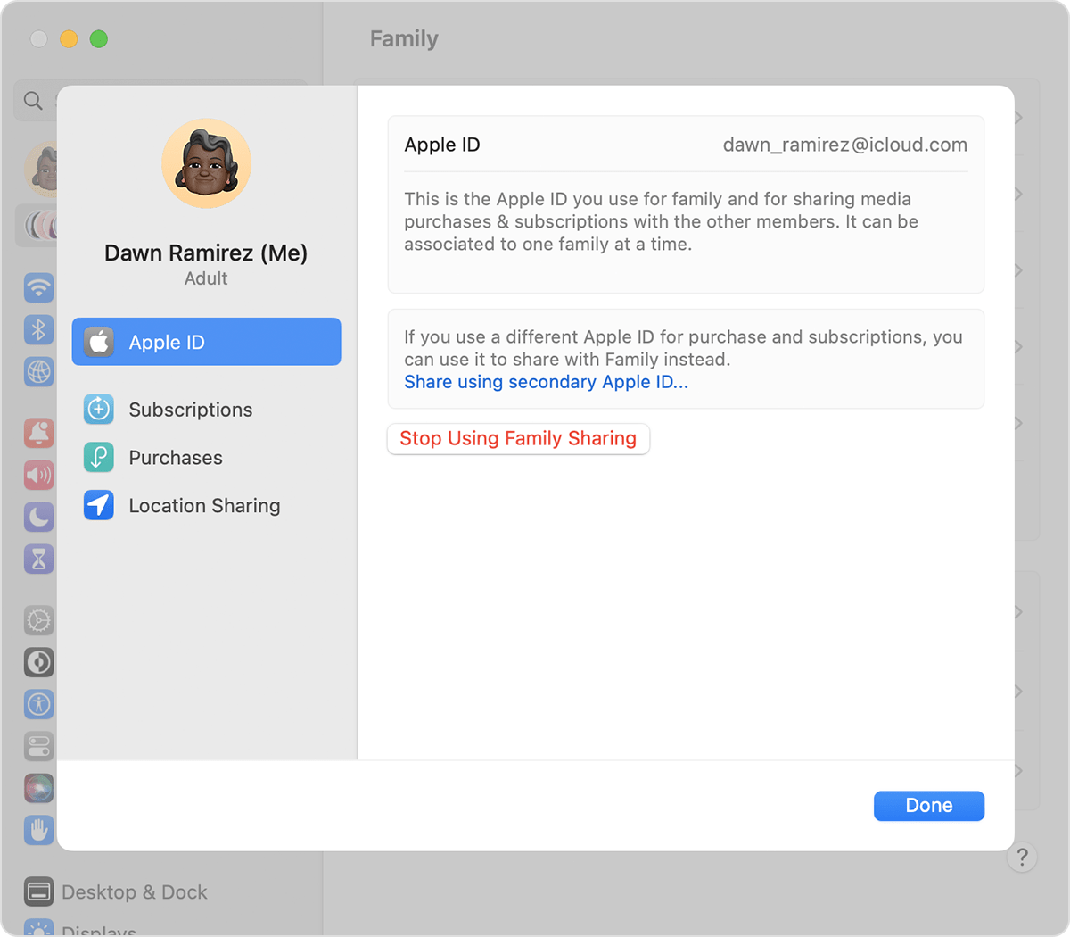 Mac screen showing Stop Using Family Sharing option