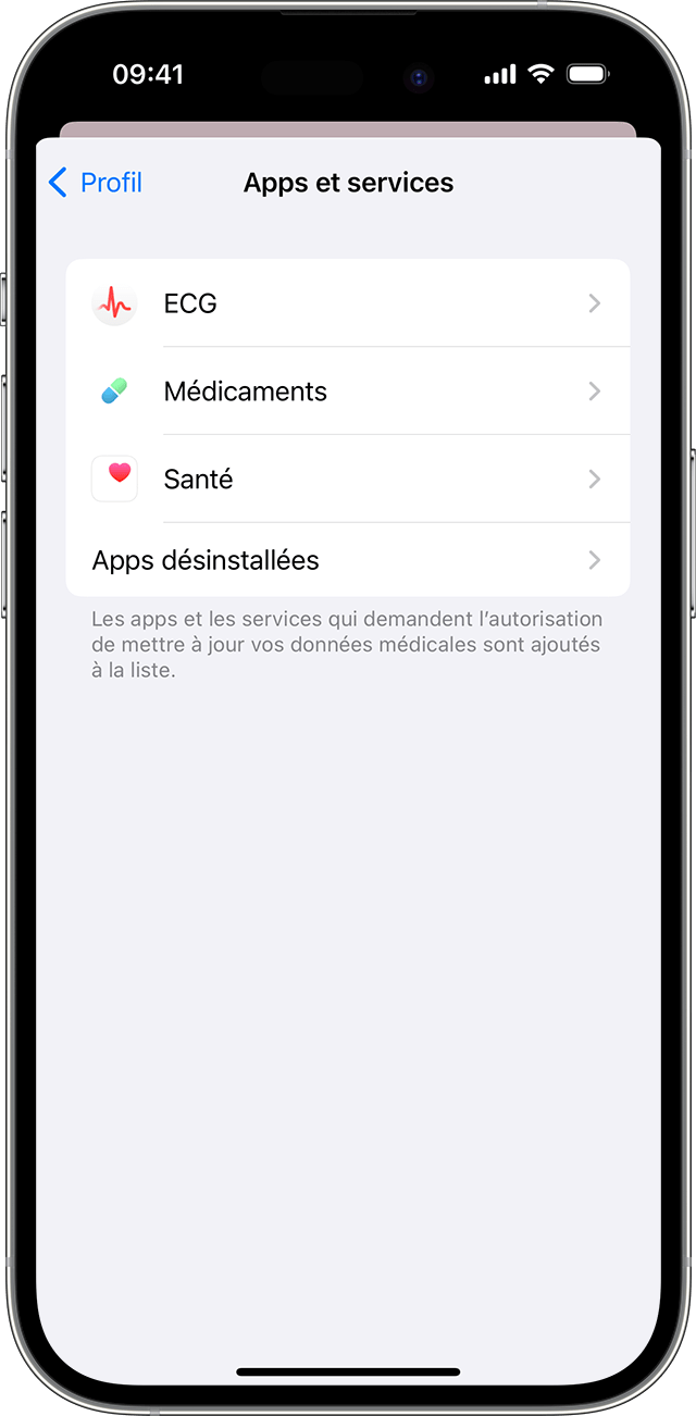 Écran d’iPhone affichant les apps et les services connectés à l’app Santé