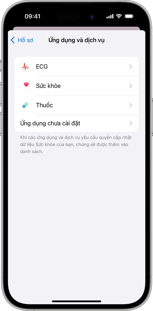Màn hình iPhone hiển thị các ứng dụng và dịch vụ được kết nối với ứng dụng Sức khỏe