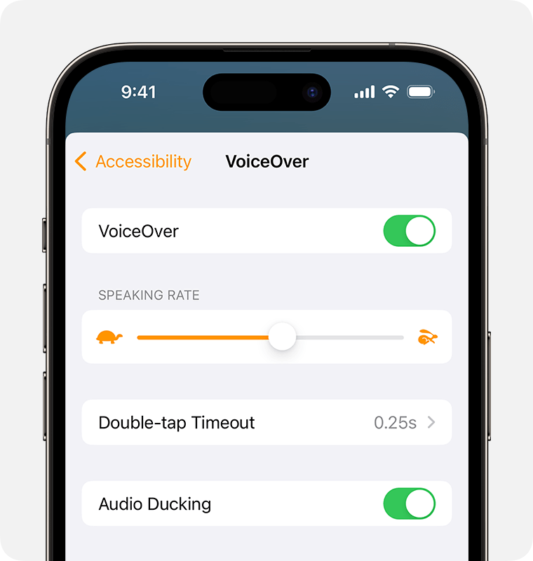 「VoiceOver」がオンになり、「読み上げ速度」が 50%、「ダブルタップのタイムアウト」が 0.25 秒 に設定され、「オーディオダッキング」がオンになっています