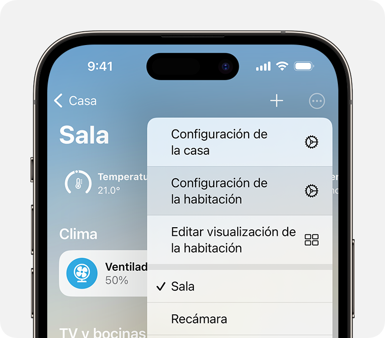 La opción Configuración de la habitación aparece en Configuración de la casa después de tocar o hacer clic en el botón Más.