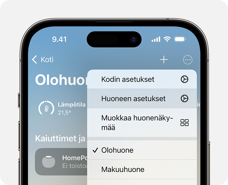 Huoneen asetukset näkyy Koti-asetusten alapuolella, kun olet napauttanut tai napsauttanut Lisää-painiketta