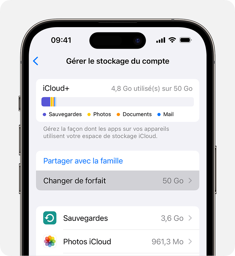 Changer de forfait de stockage se trouve sous le bouton Partager avec la famille.