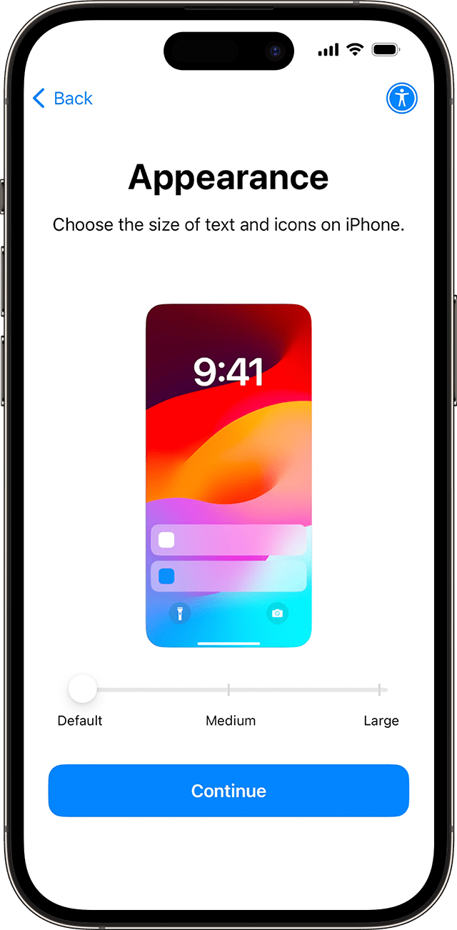 During the iPhone setup process on iOS 17, slide an icon to preview then choose your preferred text and app size.