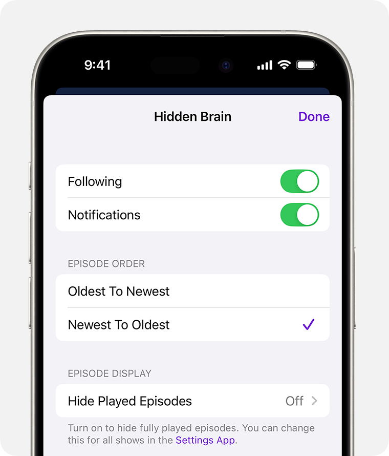 On an iPhone, the podcast show page is shown. Below the show banner, there’s a drop down arrow that’s selected that says Episodes. The Episodes menu shows the options All Episodes, Unplayed, Downloaded, and Subscriber Episodes. All Episodes is selected.