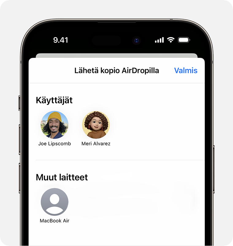 IPhone, jossa näkyy Lähetä kopio AirDropilla -näyttö, jossa näkyvät valittavissa olevat ihmiset ja laitteet.