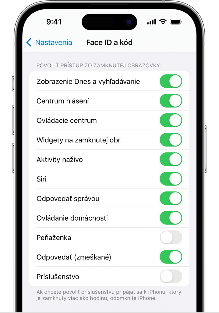 Na obrazovke Face ID a kód v Nastaveniach na iPhone je možnosť Príslušenstvo v časti Povoliť prístup zo zamknutej obrazovky predvolene vypnutá