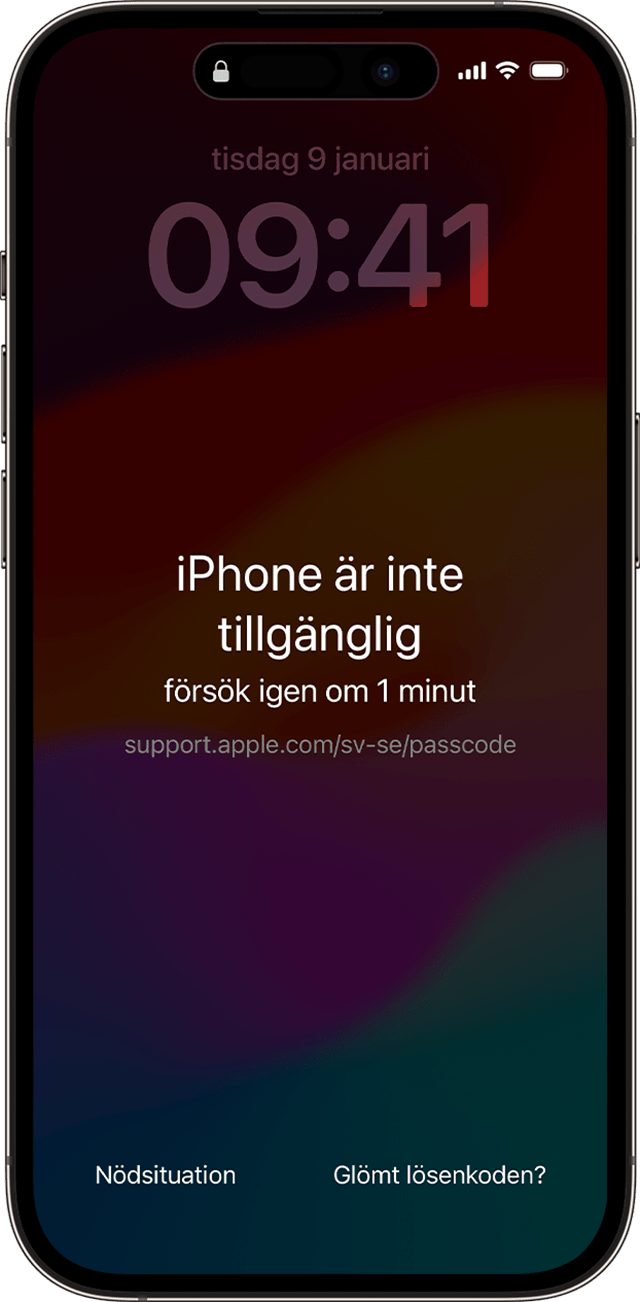 På skärmen iPhone är inte tillgänglig i iOS 17 eller senare finns alternativet Glömt lösenkod?