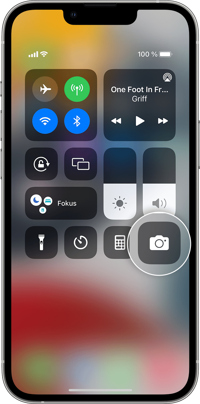 iPhone Control Center screen with camera icon enlarged