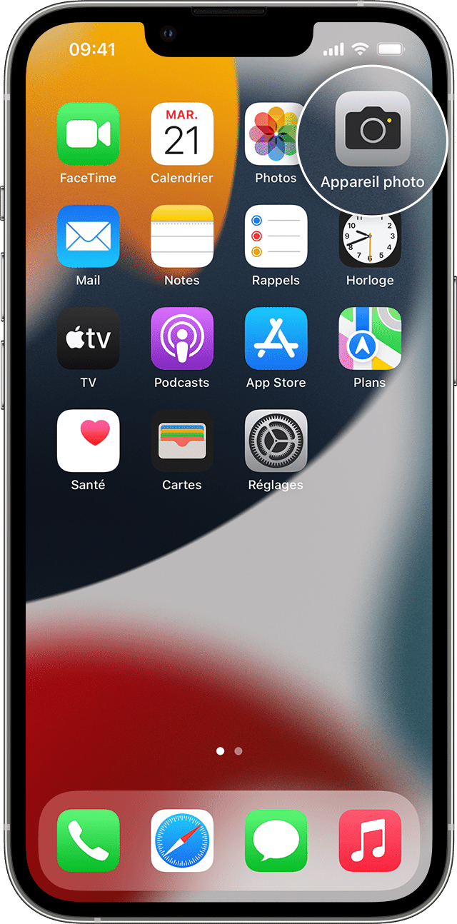 iPhone home screen with Camera app icon enlarged