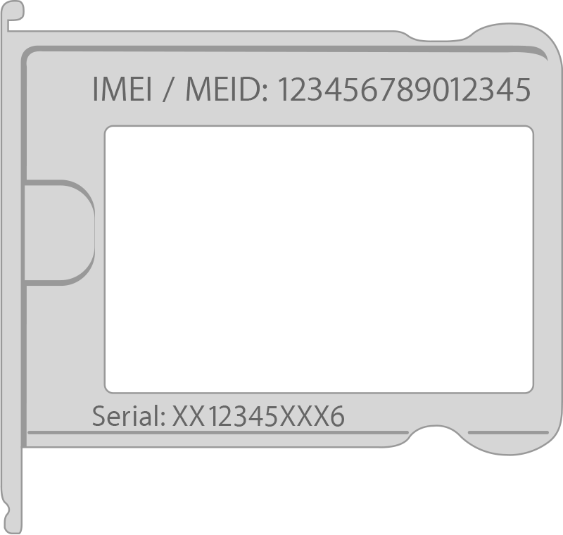 Sarjanumeron ja IMEI-/MEID-numeron sijainti iPhone 3- ja iPhone 4 -mallien SIM-kortin alustassa