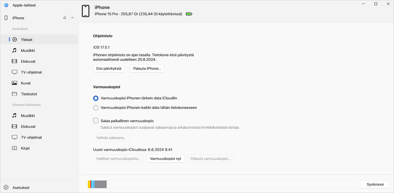 Voit tarkistaa iOS-päivitykset manuaalisesti Windows-tietokoneessa, jossa on Apple Device ‑appi, kun liität iPhonen tietokoneeseen.