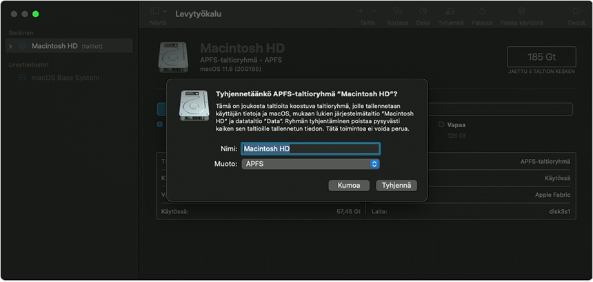 Levytyökalu-ikkuna ja Tyhjennä APFS-taltioryhmä -ponnahdusikkuna
