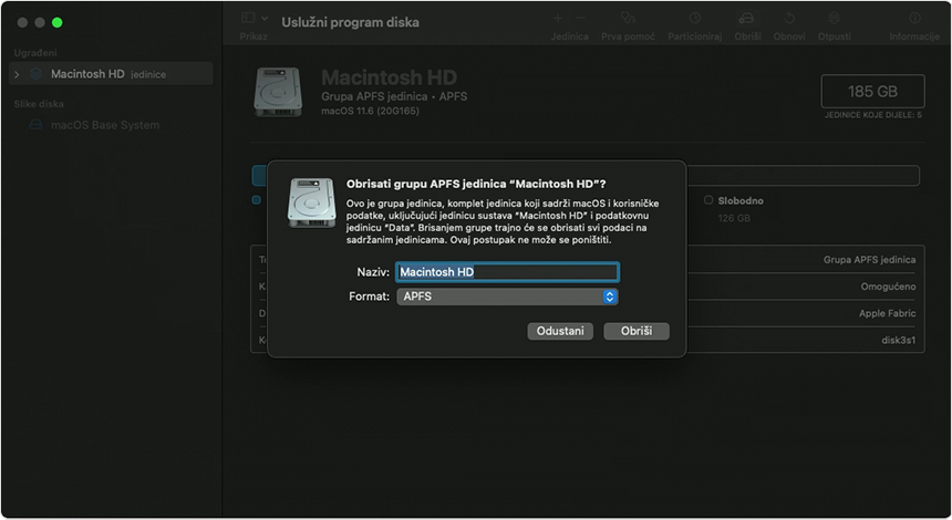 Skočni prozor za brisanje grupe APFS jedinica u prozoru Uslužnog programa diska
