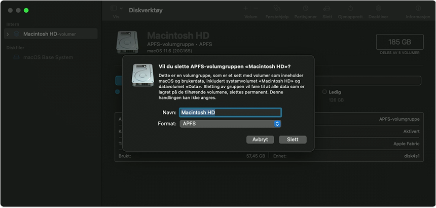 Diskverktøy-vinduet, der popup-vinduet Vil du slette APFS-volumgruppen? vises