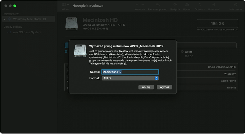 Okno Narzędzia dyskowego z oknem podręcznym Wymazać grupę woluminów APFS?